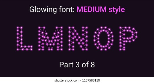 Purple Glowing font in the Outline style. Vector Alphabet with Connections, Lines, Polygonal structure and Glowing knots. Medium style, part 3 with uppercase letters L M N O P