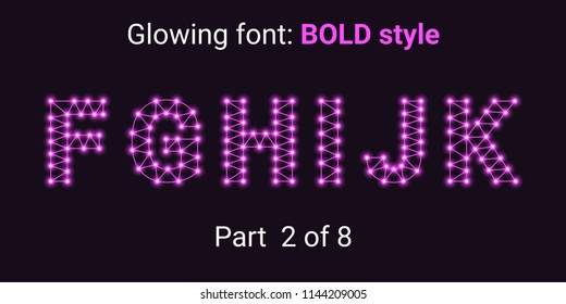 Purple Glowing font in the Outline style. Vector Alphabet with Connections, Lines, Polygonal structure and Glowing knots. Bold style, part 2 with uppercase letters F G H I J K