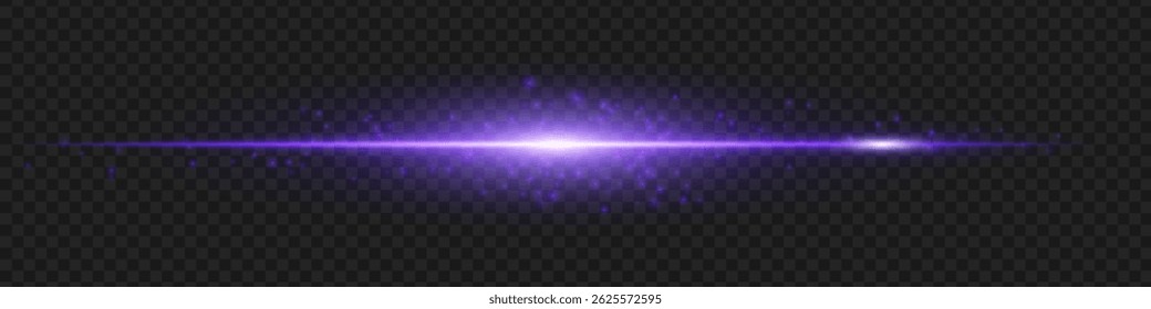 Purple glowing horizontal light beam with soft sparkles and glow. Sci-fi style light streak for design overlays.