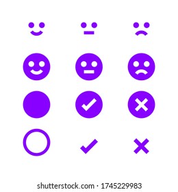 purple glowing icon emotions face, emotional symbol and approval check sign button, fluorescent emotion faces and check mark x or confirm and deny, button glowing flat for apps, icon checkmark shining