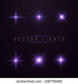 Purple glowing light. Blue and violet glowing effect. Set of glowing stars. Vector illustration. Lights sparkles isolated, lens flare, explosion, glitter, line, sun flash, spark and stars.