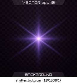 Purple glowing light. Blue and violet glowing effect. Set of glowing stars. Vector illustration. Lights sparkles isolated, lens flare, explosion, glitter, line, sun flash, spark and stars.