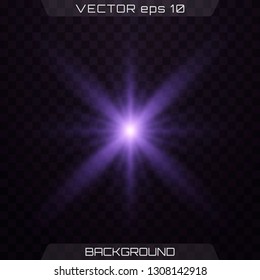 Purple glowing light. Blue and violet glowing effect. Set of glowing stars. Vector illustration. Lights sparkles isolated, lens flare, explosion, glitter, line, sun flash, spark and stars.