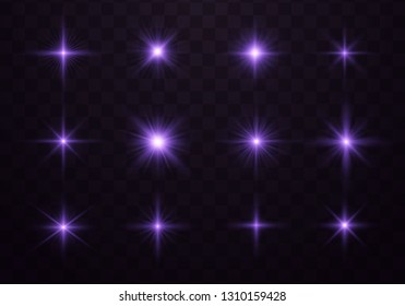 Purple glowing light. Blue and violet glowing effect. Set of glowing stars. Vector illustration. Lights sparkles isolated, lens flare, explosion, glitter, line, sun flash, spark and stars.