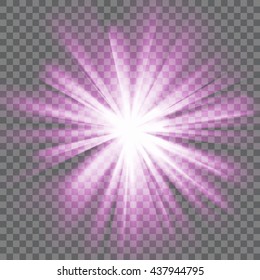 Purple glowing light. Bright shining star. Bursting explosion. Transparent background. Rays of light. Glaring effect with transparency. Abstract glowing light background. Vector illustration.