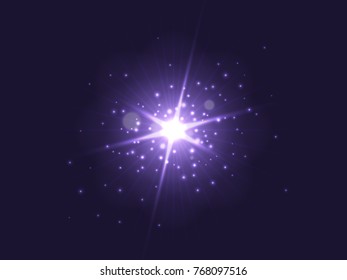 Purple glowing light burst explosion on dark background. Bright star with backlit dust particles. Vector illustration.