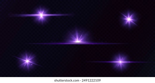 Purple glowing light effects isolated on transparent background. Solar flare with rays and glare. glow effect.