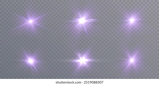Purple glowing light effects set. Glow effect for web design. Bright lens flares with shimmering highlights. Beautiful shimmering highlights light effect. Vector 10 EPS