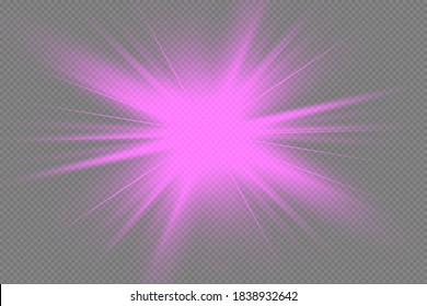 Purple glowing light explodes on a transparent background. Sparkling magical dust particles. Bright Star. Transparent shining sun, bright flash. Vector sparkles. To center a bright flash