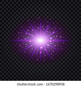 Purple glowing light flash effect with shiny sparkles. Vector illustration