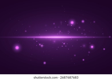 Purple glowing light with glitter and particles on dark background