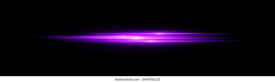 Listra de luz brilhante roxa. Feixe de neon horizontal com brilho suave e fluxo em camadas sobre fundo preto, ajustando temas de tecnologia, movimento ou velocidade.