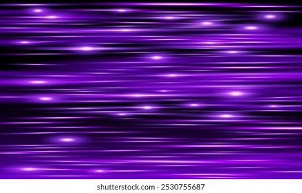 Purple glowing lines of movement and light. Vector image of a striped horizontal background of movement in space and purple energy in manga and anime style.