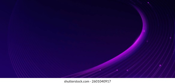 Purple glowing lines wave digital data and blue black gradient background. modern tech banner, corporate business concept