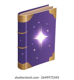 Purple glowing magic book. Illustration with mystical light and enchanted details. Ideal for fantasy designs.