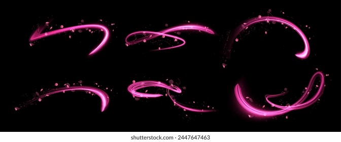 Purple glowing magic swirl game effect with glitter vector illustrations set. Luminous lines of speed, lights movement. Shiny trail waves, fire trace and twirl ray in motion. Flying sparkling flash