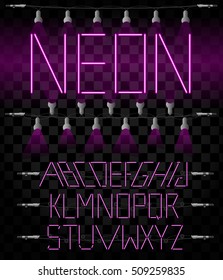 Purple glowing neon bar alphabet on transparent background. Glowing font. Vector illustration