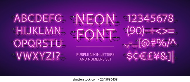 Purple Glowing Neon Font. Letters, numbers, financial symbols and punctuation included.