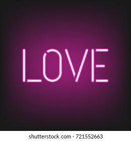 Purple glowing neon sign. Typography lettering love. Vector illustration for valentines day.