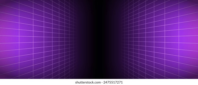 Purple glowing neon wireframe background. Shining checkered vertical grid planes in perspective. Retro futuristic depth wallpaper. Arcade game sci fi matrix surface backdrop for poster, banner. Vector