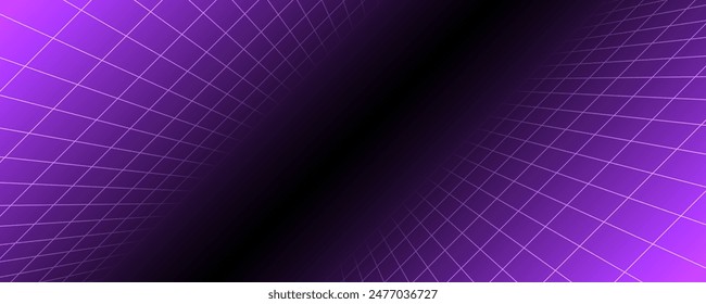 Purple glowing neon wireframe background. Shining checkered diagonal grid planes in depth. Retro futuristic wallpaper. Arcade game sci fi matrix surface backdrop for poster, banner. Vector