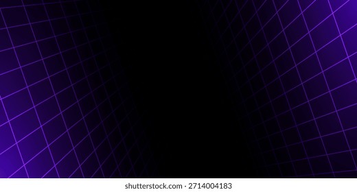 Fondo de alambre de neón brillante púrpura. Brillantes planos de rejilla de Vertical a cuadros en perspectiva. Fondo de pantalla retro futurista. Arcade juego de ciencia ficción matriz de superficie de telón de fondo para póster, Anuncio. Vector