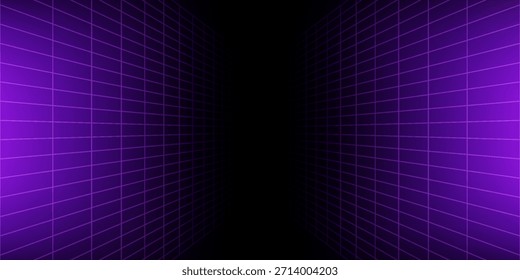 Fondo de alambre de neón brillante púrpura. Brillantes planos de rejilla de Vertical a cuadros en perspectiva. Fondo de pantalla retro futurista. Arcade juego de ciencia ficción matriz de superficie de telón de fondo para póster, Anuncio. Vector