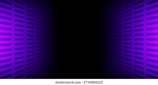 Fondo de alambre de neón brillante púrpura. Brillantes planos de rejilla de Vertical a cuadros en perspectiva. Fondo de pantalla retro futurista. Arcade juego de ciencia ficción matriz de superficie de telón de fondo para póster, Anuncio. Vector