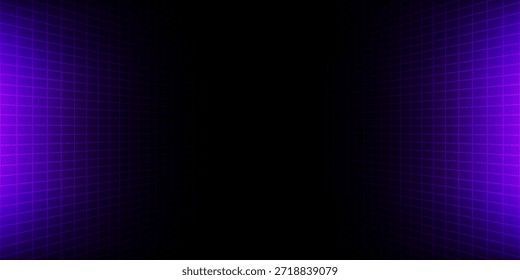 Lila glühende Neon Drahtmodell Hintergrund. Schimmernde, schachbrettartige vertikale Gitterebenen in der Perspektive. Retro futuristische Tiefe Tapete. Arcade-Spiel sci fi matrix Oberfläche Hintergrund für Poster, Banner. Vektorgrafik