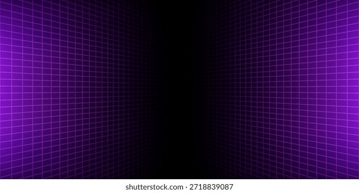 Lila glühende Neon Drahtmodell Hintergrund. Schimmernde, schachbrettartige vertikale Gitterebenen in der Perspektive. Retro futuristische Tiefe Tapete. Arcade-Spiel sci fi matrix Oberfläche Hintergrund für Poster, Banner. Vektorgrafik