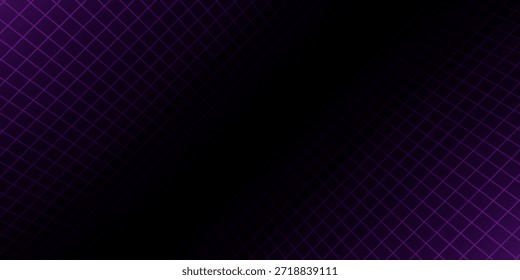 Purple glowing neon wireframe background. Shining checkered vertical grid planes in perspective. Retro futuristic depth wallpaper. Arcade game sci fi matrix surface backdrop for poster, banner. Vector