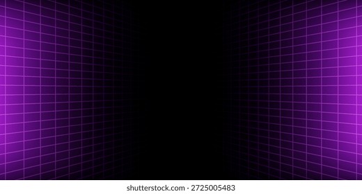 Lila glühende Neon Drahtmodell Hintergrund. Schimmernde, schachbrettartige vertikale Gitterebenen in der Perspektive. Retro futuristische Tiefe Tapete. Arcade-Spiel sci fi matrix Oberfläche Hintergrund für Poster, Banner. Vektorgrafik