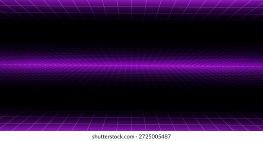 Lila glühende Neon Drahtmodell Hintergrund. Schimmernde, schachbrettartige vertikale Gitterebenen in der Perspektive. Retro futuristische Tiefe Tapete. Arcade-Spiel sci fi matrix Oberfläche Hintergrund für Poster, Banner. Vektorgrafik