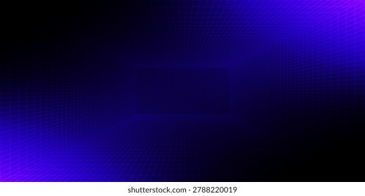 Purple glowing neon wireframe background. Shining checkered vertical grid planes in perspective. Retro futuristic depth wallpaper. Arcade game sci fi matrix surface backdrop for poster, banner. Vector