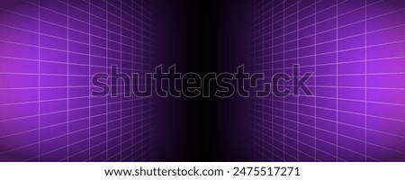 Purple glowing neon wireframe background. Shining checkered vertical grid planes in perspective. Retro futuristic depth wallpaper. Arcade game sci fi matrix surface backdrop for poster, banner. Vector