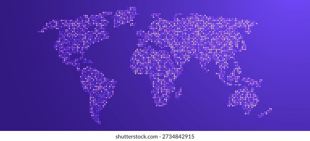 Purple Glowing Pixel Weltkarte Konzept. Abstrakte, neonfarbene Weltkarte für Poster, Banner, Broschüre, Flyer, Broschüre, Präsentation. Dunkle Marine Kontinente Infografik Tapete. Vektorgrafik