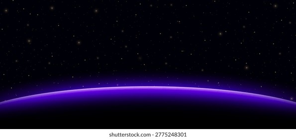 Purple glowing planet horizon in deep space abstract concept. Astrology horizontal star universe background. Cosmos, galaxy deep space concept. Vector illustration