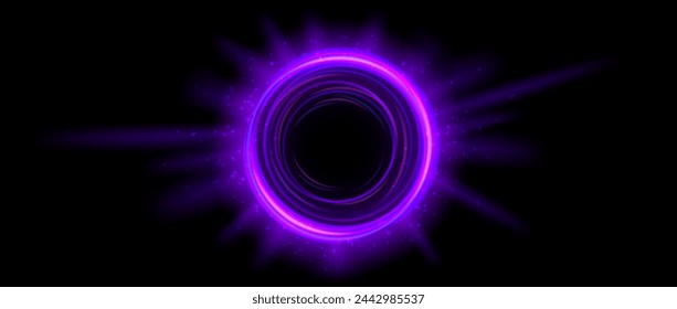 Purple glowing portal concept. Neon hologram teleport gate on black background. Violet circle digital aura with beams and sparks. Round hot flare template for game, ui, interface. Vector illustration