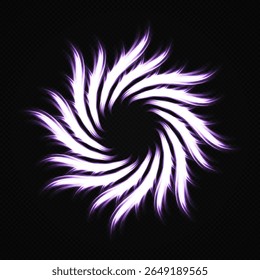 Vórtice espiral brilhante roxo. Anéis cintilantes dinâmicos e caudas de fogo giratórias. O flash brilhante voa em movimento circular.