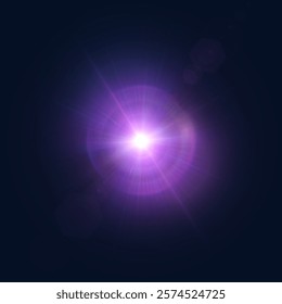 Purple glowing star burst light effect. Lens reflection light flare. Glow effect. Star bursts with shimmering glitter. Beautiful shimmering glare light effect. Vector 10 EPS