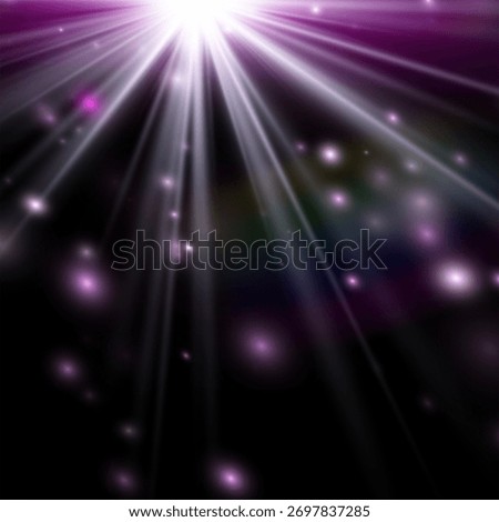 Purple glowing star with rainbow light rays and tiny sparkling dots above black background. The shining effect appears from the top, creating a soft magical glow. Easy to use as an overlay or screen f