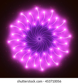 Purple glowing star-like mandala with shining lights and particles on dark background. Vector graphic