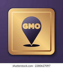 Purple GMO icon isolated on purple background. Genetically modified organism acronym. Dna food modification. Gold square button. Vector