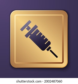 Purple GMO syringe icon isolated on purple background. Genetically modified organism acronym. Dna food modification. Gold square button. Vector