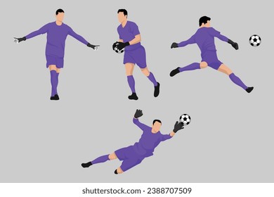 Purple Goalkeeper Football Soccer Players in Various Poses Vector