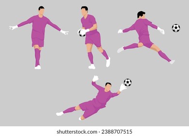 Purple Goalkeeper Football Soccer Players in Various Poses Vector