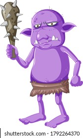 Purple goblin or troll holding hunting tool in cartoon character isolated illustration