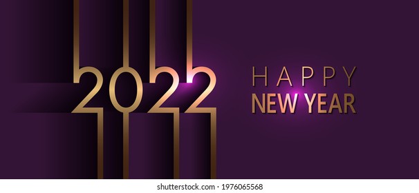 Purple Gold 2022 Happy New Year Card With Premium Foil Gradient Texture Lines, Dark Background. Festive Rich Design For Holiday Card, Invitation, Calendar Poster. Happy 2022 New Year Gold Text