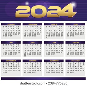 Purple and gold 2024 calendar vector design with editable months