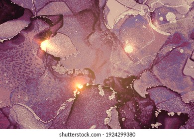Purple and gold abstract marble background with sparkles. Vector texture in alcohol ink technique with glitter. Template for banner, poster design. Fluid art painting